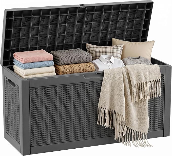 70 Gallon Waterproof Outdoor Storage Box,Deck Boxs for Outdoor and Indoor Use,Deck Storage Box for Picnic Supplies,Gardening Tools,Lockable and Easy to Install(Black)