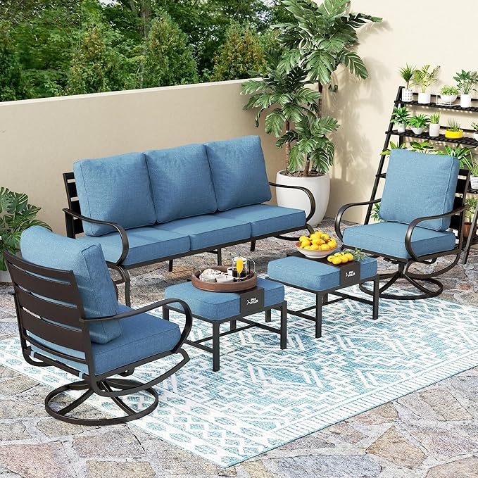 PHI VILLA 5 PCS Patio Furniture Set,Metal Deluxe Patio Set with 1 x 3 Seater Deep Seating Bench, 2 x Swivel Sofa Chairs & 2 x Metal Cushioned Ottoman, Outdoor Patio Set for Garden, Navy Blue