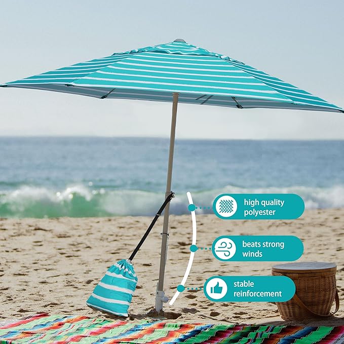 AMMSUN 8ft Large Beach Umbrellas for Sand Heavy Huty Wind Portable Commercial Grade Patio Beach Umbrella with Sand Anchor Adjustable Height Air Vent UPF 50+ Telescoping Pole without Tilt Teal White