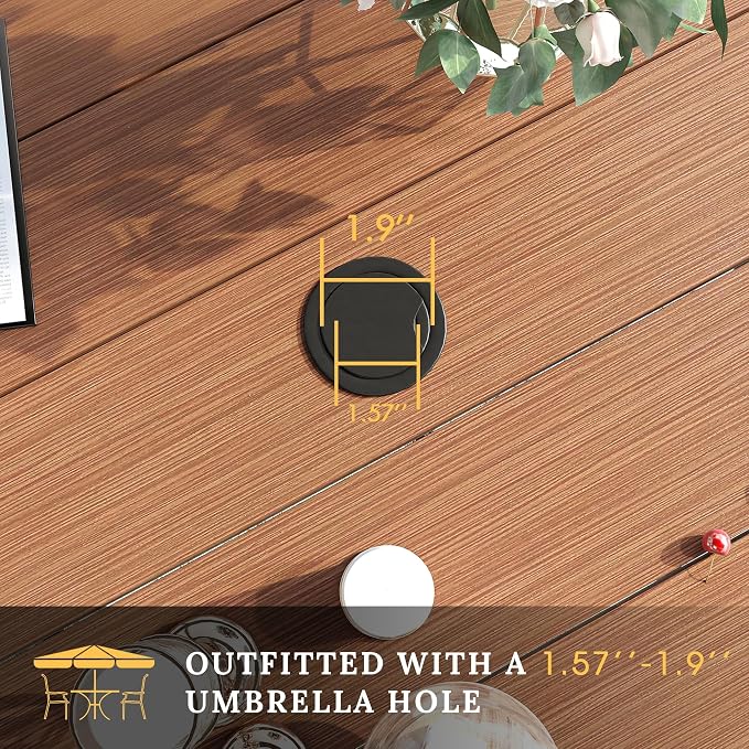 VICLLAX 63" Outdoor Round Patio Table with Umbrella Hole, All Weather Metal Round Outdoor Dining Table for Lawn Garden, 8-10 Person Table, Walnut Wood-Grain Tabletop