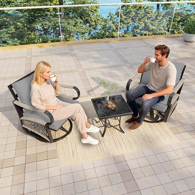 3 Pieces Outdoor Furniture Set, Metal 360° Swivel Rocking Chairs Bistro Sets, Patio Conversation Set with Side Table for Deck, Porch, Garden, Backyard, Poolside (Gray Cushions)