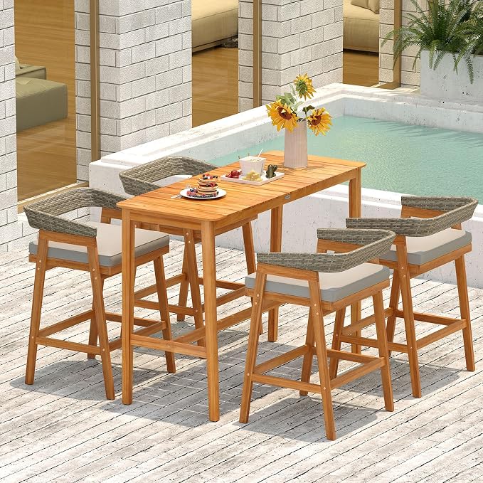 Outdoor Bar Table, 54" x 22" Acacia Wood Counter Height Table with Slatted Tabletop and Adjustable Feet, Rectangular High Top Dining Table for Patio, Yard, Balcony, Poolside