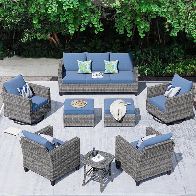 HOOOWOOO Wicker Patio Conversation Sets,8 Piece Outdoor Furniture Set with Swivel Rocking Chairs,All Weather Resistant Modern Outside Out Door Rattan Couch Chairs Side Table Set,Denim Blue