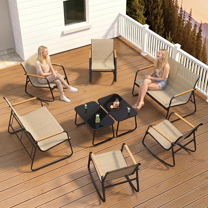 Ahomly 8-Piece Outdoor Patio Furniture Set, Textilene Conversation Set with Rocking Chairs, Loveseat, and Tempered Glass Coffee Table, for Lawn, Garden, Balcony, Poolside (Brown)
