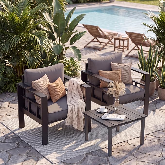 UDPATIO Aluminum Outdoor Furniture, Patio Chairs Set of 2 | With Outdoor Table, All-Weather & UV-Resistant, Washable Cover for Deck, Backyard, Poolside, Dark Gray