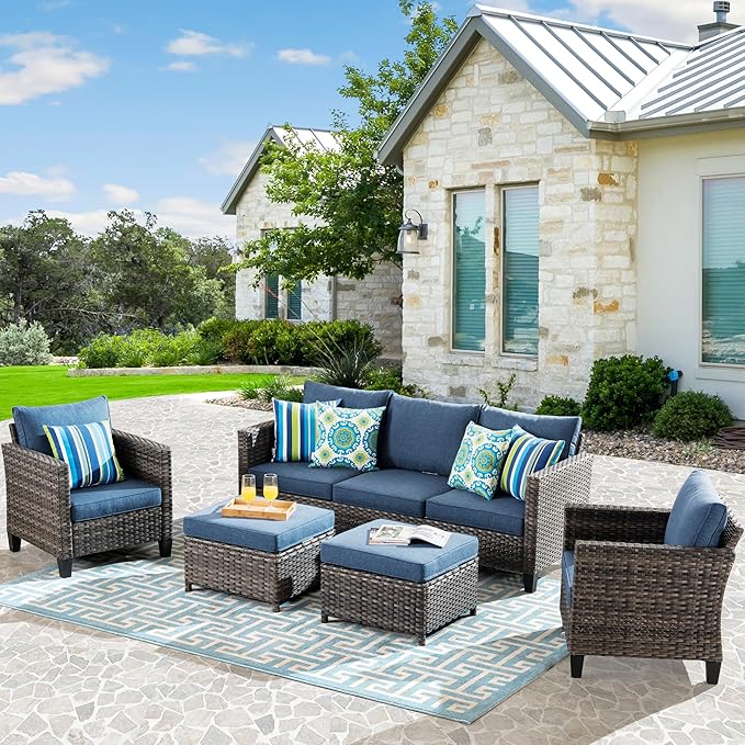 HOOOWOOO Patio Conversation Sets,5 Piece Wicker Outdoor Furniture Set with Ottoman,All Weather Resistant Modern Outside Out Door Rattan Couch Chairs Set,Denim Blue