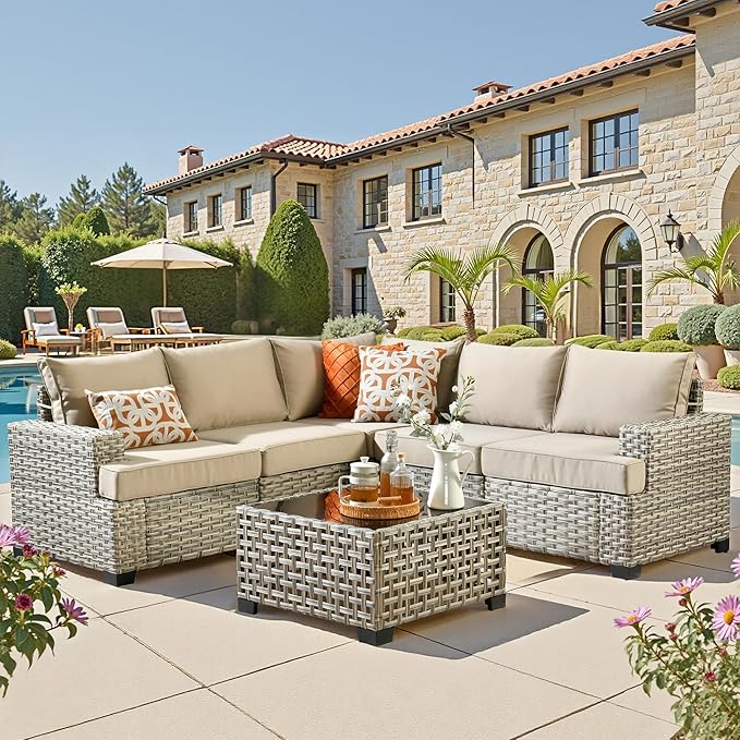 6 Pieces Outdoor Sectional Patio Furniture Set,Wicker Conversation Sets L Shaped Couch,Outdoor Sofa Outside Furniture with Solar Table Light(Beige)