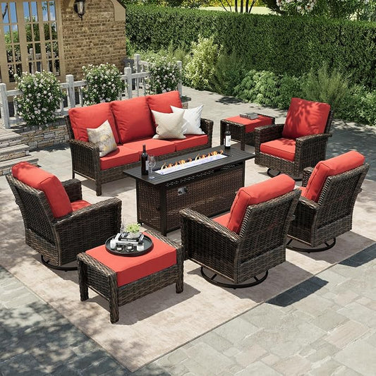 HERA'S HOUSE 8-Piece Patio Furniture Set with Swivel Chairs & Fire Pit, Outdoor High Back Wicker Conversation Sets with 5.5" Thick Cushions, All-Weather Deep Seating Sofa with Ottomans, Red