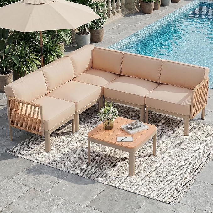 EROMMY 6 Pieces Patio Sectional Furniture Set, Metal Frame Outdoor Conversation Set with 6" Thick Cushions & Coffee Table, All-Weather Sectional Sofa for Poolside, Deck, Backyard, Beige