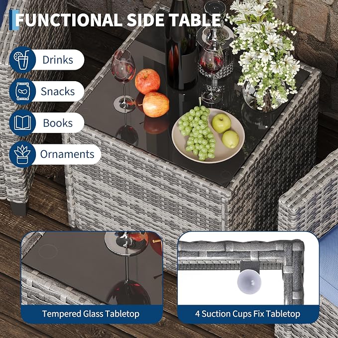 IDEALHOUSE 3-Piece Outdoor Patio Furniture Set, PE Rattan Wicker Conversation Chairs with Tempered Glass Side Table and Removable Cushions, Balcony, Porch & Garden Seating Set, Grey+Navy Cushion