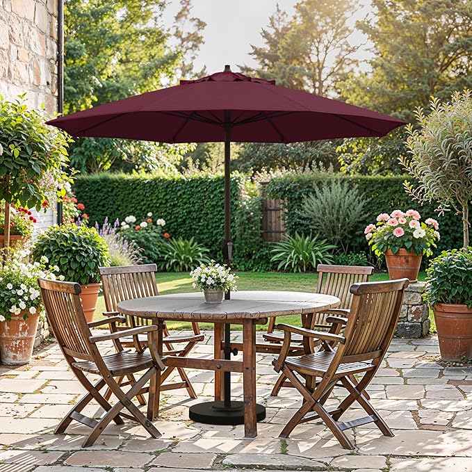 California Umbrella 10-Year Protection 7.5 Ft Outdoor Patio Umbrella, Pacifica Fade-Resistant Fabric, Auto-Tilt, Heavy Duty Aluminum Frame, 8 Reinforced Ribs for Pool or Deck, Bronze Pole, Burgundy
