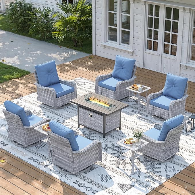 10 Piece Wicker Patio Furniture Set with 55,000 BTU Fire Pit Table, Swivel Rocking Chairs, 4''Cushions, PE Rattan, Wind Guard Glass, for Backyard, Deck or Balcony, Navy