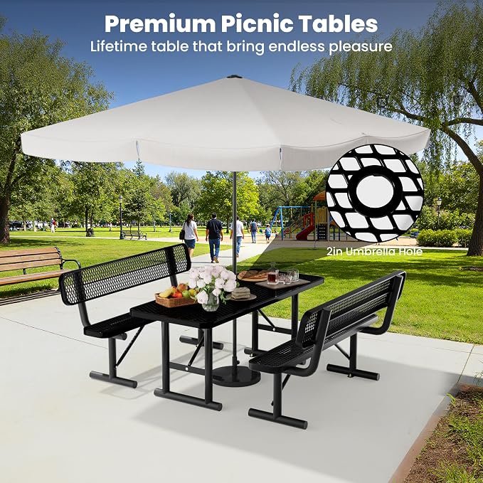 6FT Metal Picnic Tables for Outdoors, Commercial Rectangular Picnic Table for Outside, Park, Campfield, Patio, Garden, Yard, Thermoplastic Coating, Surface Mounted, Black