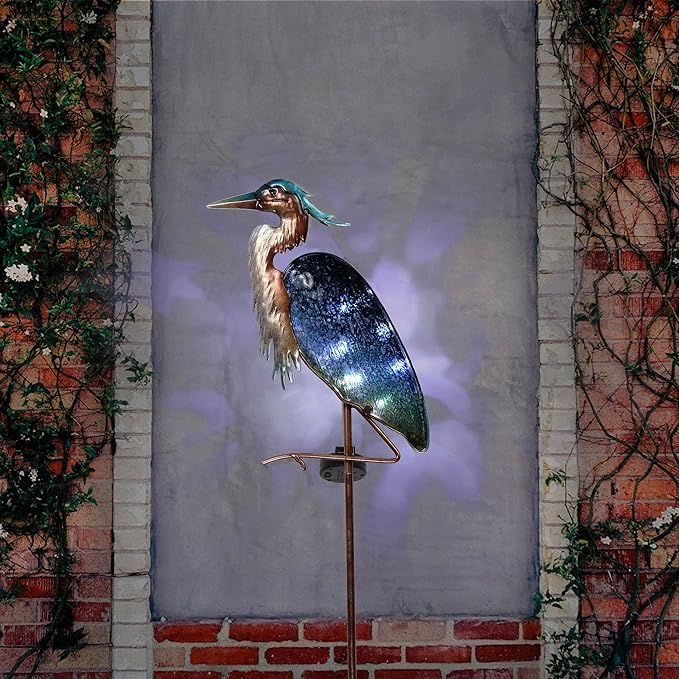 TERESA'S Collections Garden Decor for Outside Blue Heron Solar Lights, 42" Glass Lawn Ornaments with Outdoor Lights Decorative Stake, Yard Art Decorations Outdoor for Patio Gifts for Mom Grandma