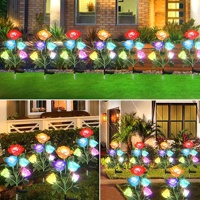 10 LED 7-Color Changing Solar Rose Flower Lights Garden Decorations Outdoor Waterproof Decorative Stake Lights for Patio Pathway Yard Lawn Decor(2 PCS Red)