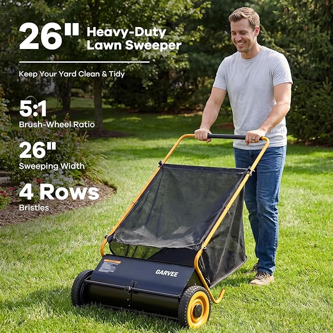 Garvee Push Lawn Sweeper, 26 in Leaf & Grass Collector with 7 Cu. ft. Hopper Bag, 4 Spinning PP Brushes, Durable Steel Construction, Adjustable Height & Rubber Tires for Leaves Grass Cleanup