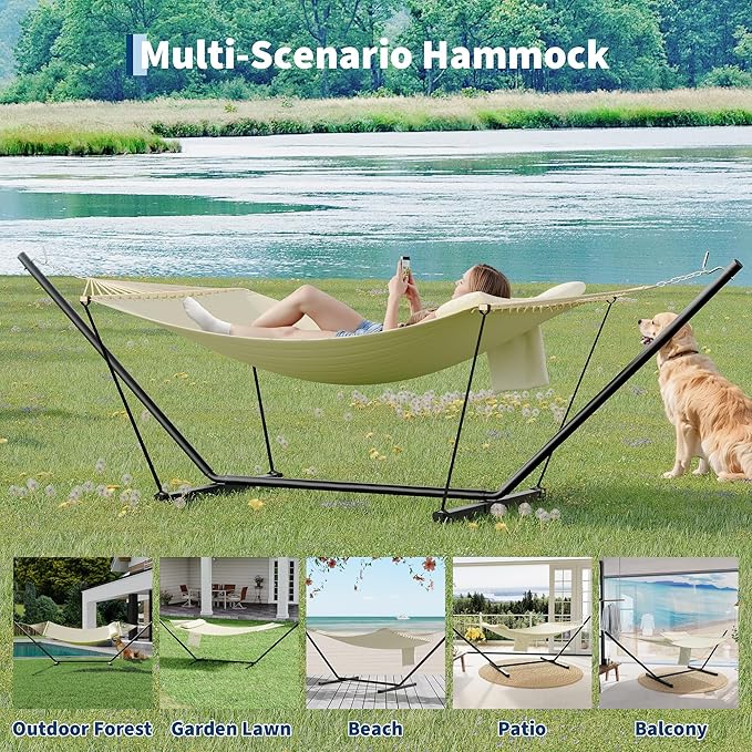 Double Hammock with Stand - Heavy Duty Portable 2 Person Design with Adjustable Steel Stand, Max 450LBS, Ideal for Outdoor Patio, Garden, Beach & Backyard