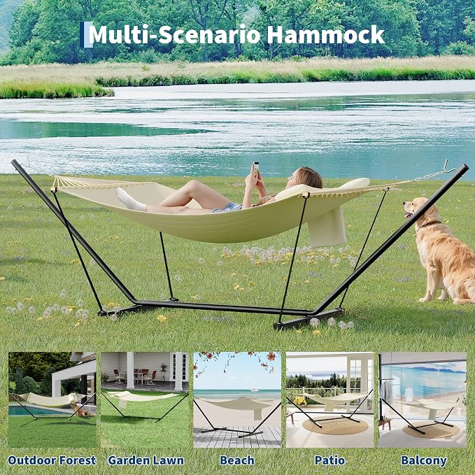 Freestanding Hammock with Heavy Duty Steel Stand, 450 LBS Weight Capacity Double Quilted Hammock Bed with Head Pillow & Side Storage Pocket, Beige for Patio Garden Backyard Beach