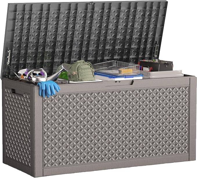Deck Box Large Outdoor Storage for Patio Furniture,Outdoor Cushions,Garden Tools and Pool Supplies,Waterproof,Resin,Lockable (Grey, 110 Gallon)