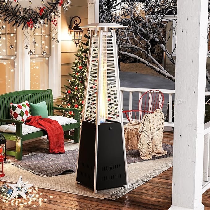 Outdoor Heater with Wheels Patio Heater Pyramid Deck Tower Patio Heaters for Outdoor Use Flame Glass Tube 42000 BTU Hammered Bronze Propane Natural Gas Tip Resist Safe ETL Black