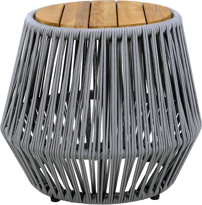 Acacia Wood Side Table, Grey Rope Base, Teak Finish