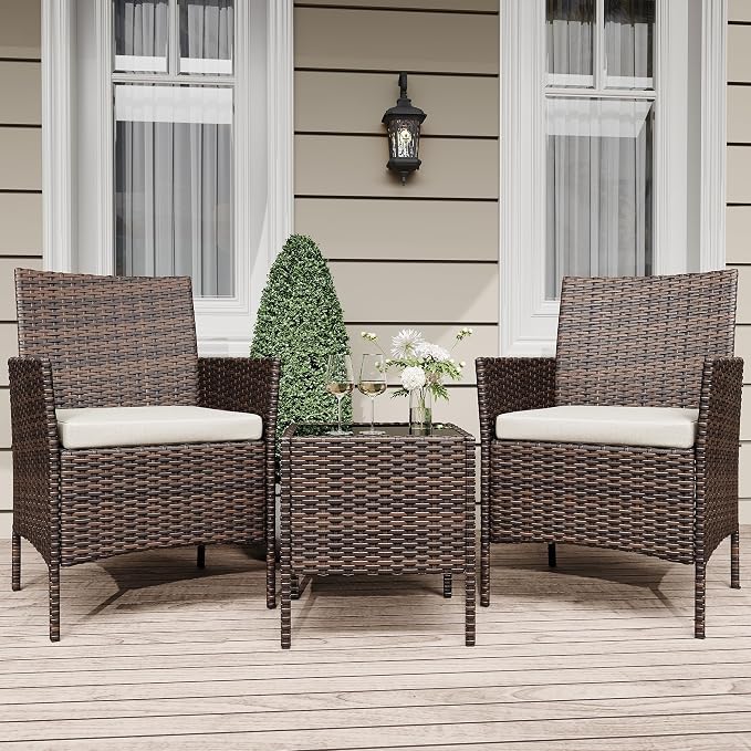 Garvee Patio Conversation Set 3 Piece, Brown Wicker Rattan Outdoor Furniture Set with Cushioned Chairs and Glass Top Coffee Table for Small Patio, Porch, Balcony, Backyard