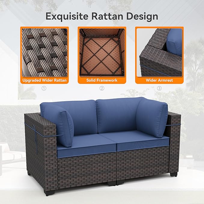 Patio Furniture Set 10 Pieces Wide PE Rattan Sofa Set Outdoor Sectional Furniture,Patio Swivel Chair Sofa Set Patio Conversation Set w/Cushions and Glass Coffee Table,NavyBlue