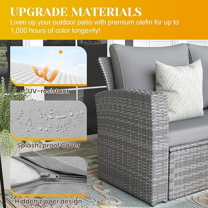 4-Piece Outdoor Patio Furniture Set, All Weather Wicker Rattan Sectional Sofa Conversation Seating Set with Cushions & Large Glass Coffee Table, Ideal for Garden Backyard Porch, Grey
