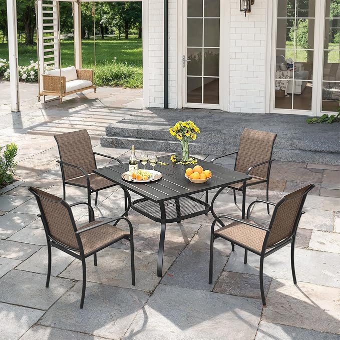 VICLLAX 5 Pieces Patio Outdoor Dining Set, 38" Square Metal Dining Table with Umbrella Hole and 4 Stackable Textilene Chairs for Lawn, Garden, Porch, Black/Brown