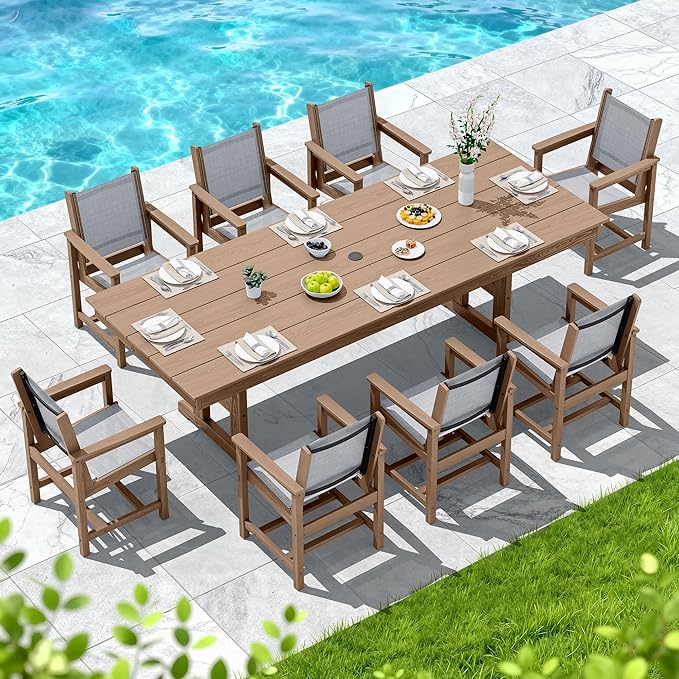 SERWALL 9 Piece Outdoor Dining Set, 84" HDPE Outdoor Large Table and Textilene Sling Chairs for 8，All Weather Patio Dining Furniture Set with Umbrella Hole for Backyard, Garden, Brown