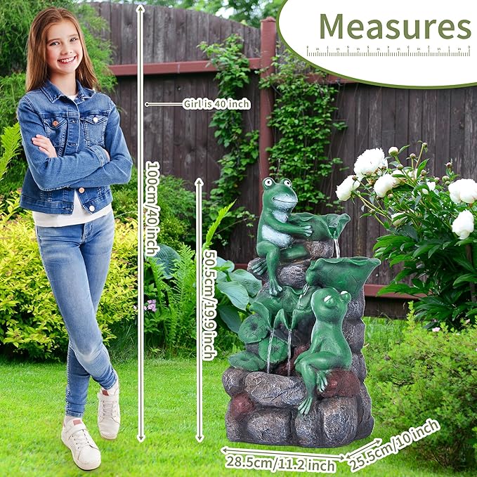 HPC Decor Outdoor 4-Tier Frog Waterfall Fountain with LED Lights for Garden, Patio, Yard, and Porch Décor, 19.9" H (Green)