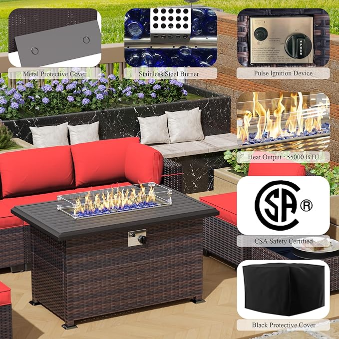 13 Pieces Outdoor Patio Furniture Set,Outdoor Sectional Furniture with 43" 55000 BTU Gas Propane Fire Pit Table,PE Rattan Wicker Patio Conversation Set with 10 Thickened Cushions,Red