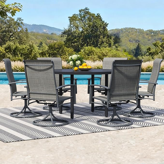 7 Piece Outdoor Patio Dining Set for 6, 47" Black Round Metal Table with 6 Grey Swivel Chairs, All-Weather Outdoor Furniture Set for Backyard, Lawn, Deck, or Poolside