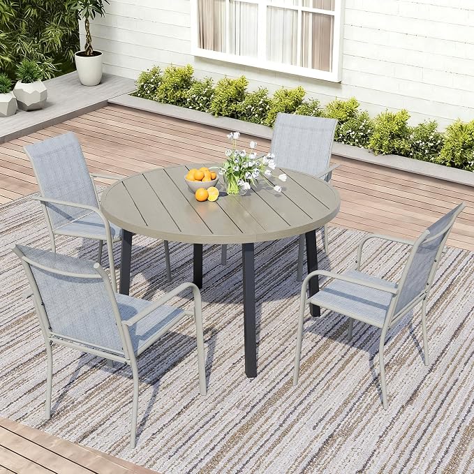 5 Piece Patio Dining Set for 4, 42” Honey Oak Round Table with Umbrella Hole and 4 Beige Blue Patio Stackable Chairs, Patio Table and Chairs for Backyard, Lawn, Deck & Garden