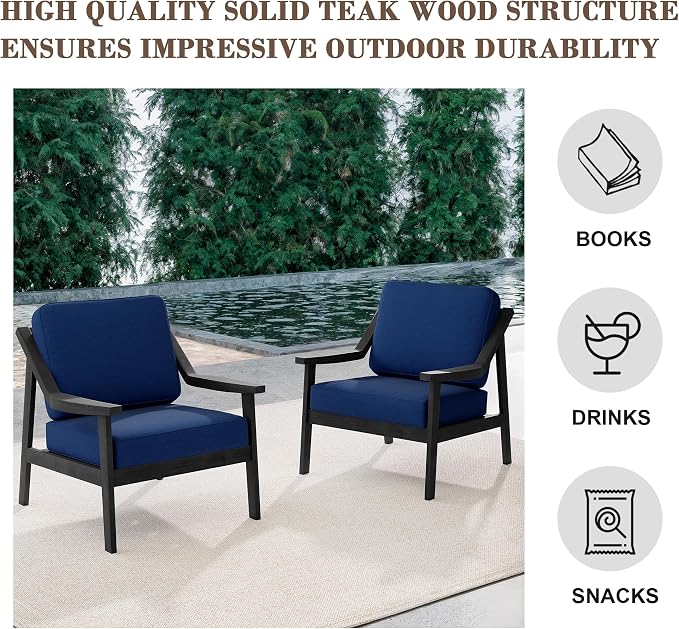 Outdoor Patio Furniture Set, 3 Piece Patio Conversation Sets with Washable Thick Cushions, All-Weather Solid Wood Patio Bistro Set for Porch, Balcony, Black Frame & Navy Cushion