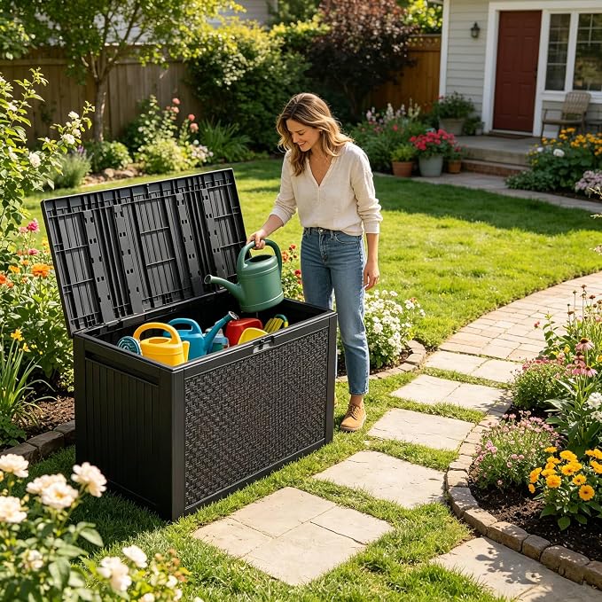 90 Gallon Large Outdoor Storage Box, Indoor and Outside Deck Box with Lockable Design Lids, Waterproof Resin Storage Containers Bin for Garden, Garage, Patio, Poolside, Toy Storage Black