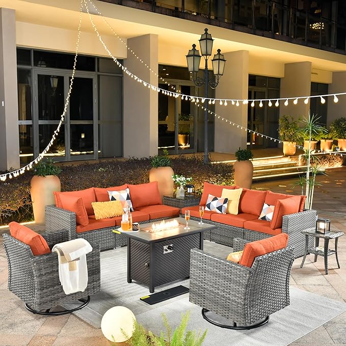 ovios 11 Piece Outdoor Patio Furniture Set with Fire Pit Table,Conversation Sectional Wicker Couch with Swivel Chairs,Modern Outside Sofa for Balcony Backyard, Orange