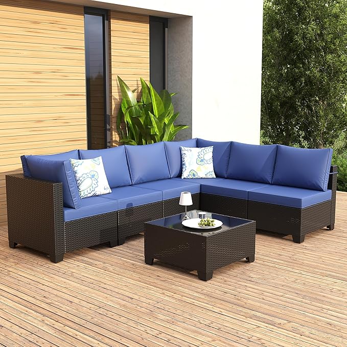 Peacabo7 Pieces Patio Furniture Set, Outdoor Sectional Rattan Sofa Set, Wicker Patio Conversation Set with Cushions and Glass Coffee Table, for Balcony, Porch, Garden, Coffee and Blue