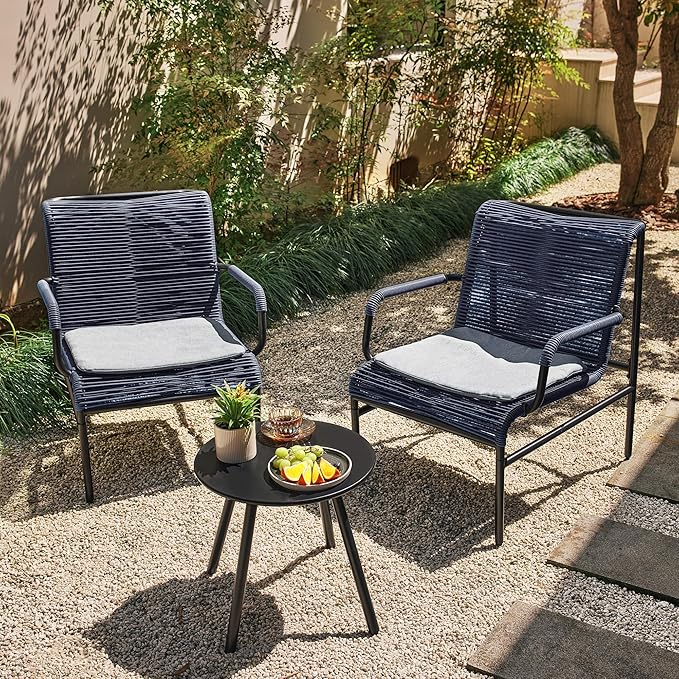 East Oak 3-Piece Patio Furniture Set, Outdoor Bistro Set with PE Rattan Wicker Wide Chairs, Soft Cushions & Coffee Table, Modern All-Weather Wicker Patio Set for Garden and Porch, Navy Blue