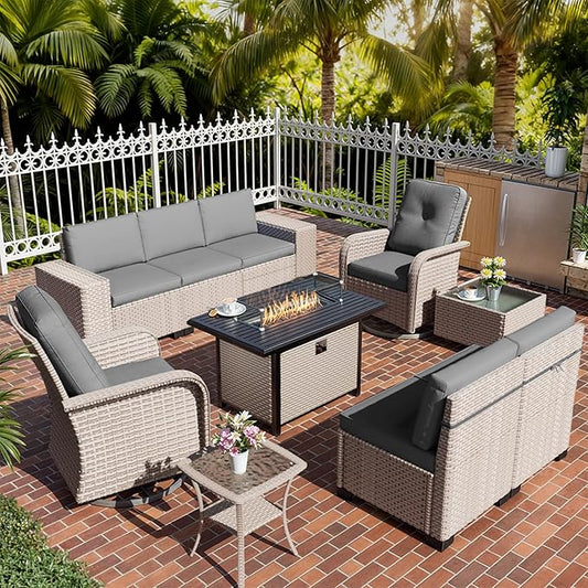 10 Pieces Patio Furniture Set with Fire Pit Table, Outdoor Sectional Wicker Sofa with Thick Cushions, High Back Swivel Rocker Patio Chairs, Rattan Conversation Set with Coffee Table, Grey
