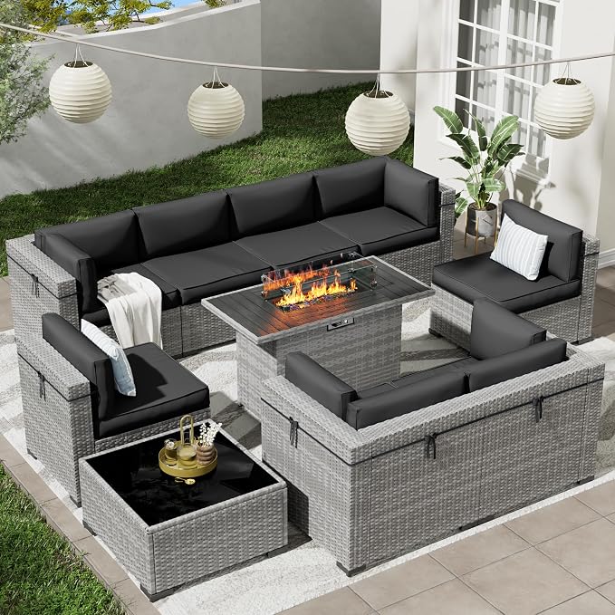 Patio Furniture Set with 44'' Propane Gas Firepit Table, 10 PCS Modular Outdoor Sectional Conversation Sets, All-Weather Wicker Patio Set for Backyard, Black (Waterproof Covers Included)