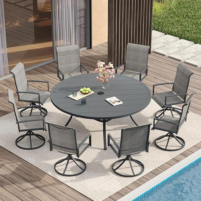 VICLLAX 9 Pieces Patio Dining Set for 8-Outdoor Furniture Includes 60" Round Outdoor Table and Swivel Padded Chairs, Grey Tabletop and Fabric