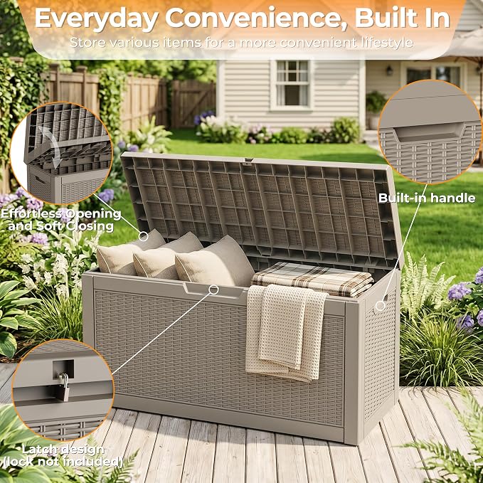 70 Gallon Weather Resistant Resin Storage Bench, Lockable Outdoor Deck Storage Box, Multi-Purpose Patio Container for Garden Tools, Pool & Picnic Accessories, Indoor Outdoor Use,Grey