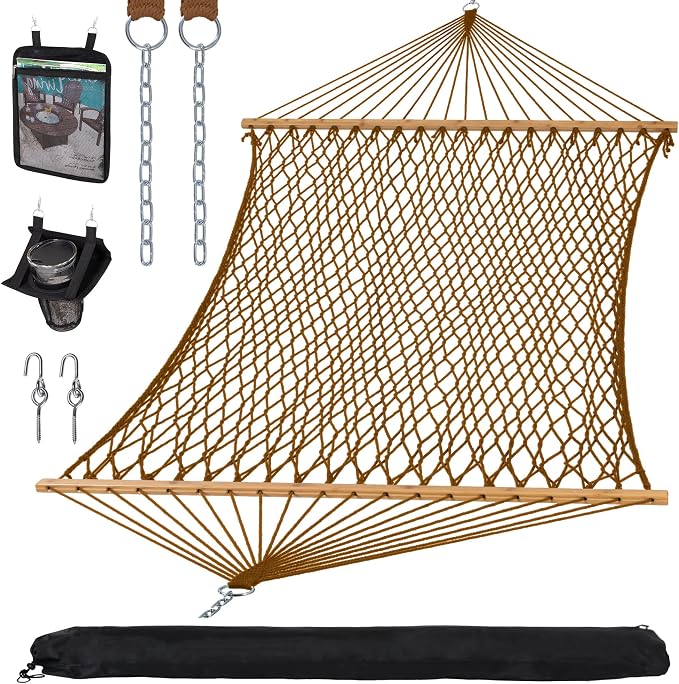 SUNCREAT Double Outdoor Hammock, Polyester Rope Hammock and Detachable Large Pillow, 450 lbs Capacity