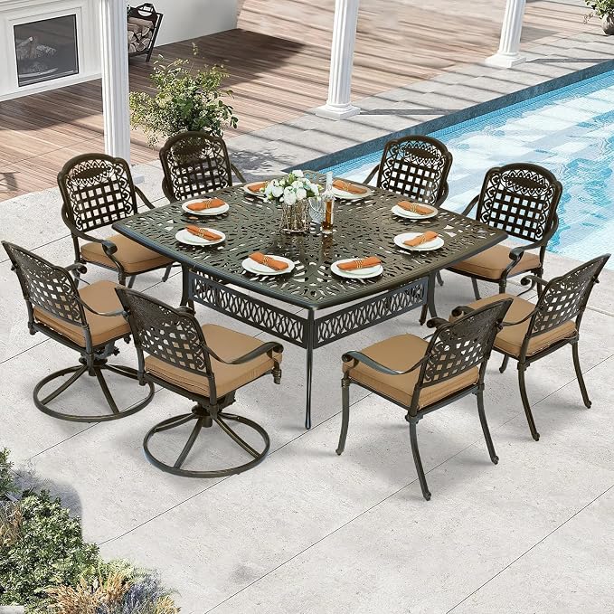 9 Piece Outdoor Patio Dining Set for 8, Cast Aluminium Large Square Dining Table & 2 Swivel Rocker Chairs, 6 Stationary, 8 Cushions, Umbrella Hole, Patio Furniture Set for Garden, Khaki