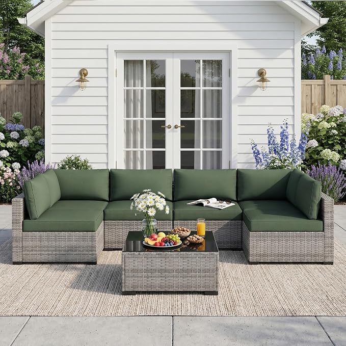 Patio Furniture Set 7 Pieces Conversation Set Wicker Outdoor Sectional Sofa,Ergonomic Armrests Couch with Cushion and Glass Table (Grey White-Green, 7 Piece-Single)