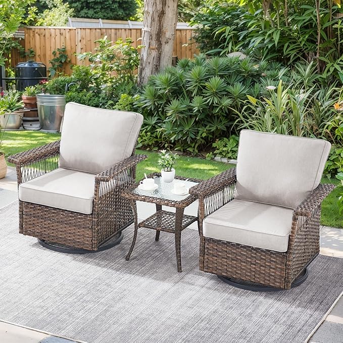 Patio Furniture Set 2 Wicker Swivel Glider Chairs with PE Rattan Side Table Set Brown Wicker Beige Cushions Patio Conversation Set 3pcs for Garden Balcony Sunroom Backyard Poolside