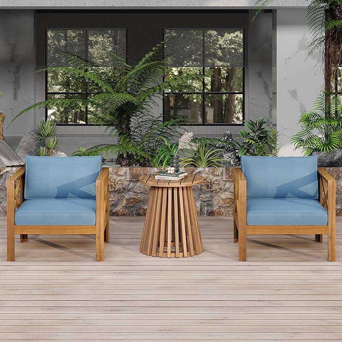 Christopher Knight Home Lucy Acacia Wood Outdoor Patio Furniture Set, 3 Pieces Patio Set, Round Side Table and ArmChairs Conversation Set with Cushion for Garden Lawn Balcony, Blue + Light Teak