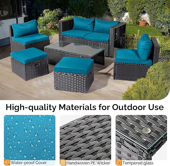 VINGLI 6 Pieces Wicker Patio Furniture Set, Outdoor Sectional Furniture Patio Conversation Set Space-Saving Design with Ottomans and Coffee Table for Garden,Poolside, Backyard (Black)
