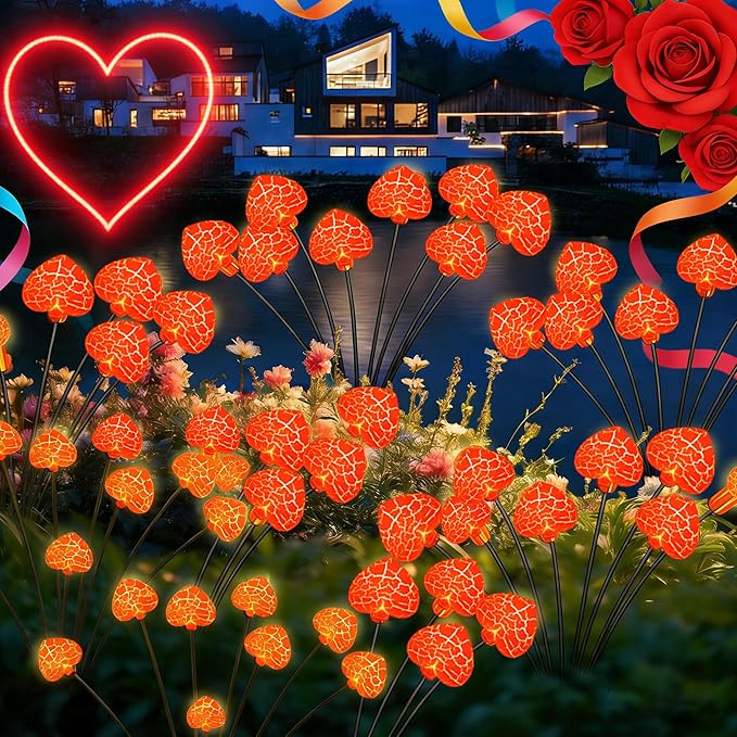 KerKoor Solar Garden Lights Mothers Day Decorations Lights Outdoor Waterproof 4 Pack 32 LED Pink Heart 8 Modes Gifts for Mom Mother Women Party Yard Path Wedding Valentines Mother‘s Day Decor (Pink)